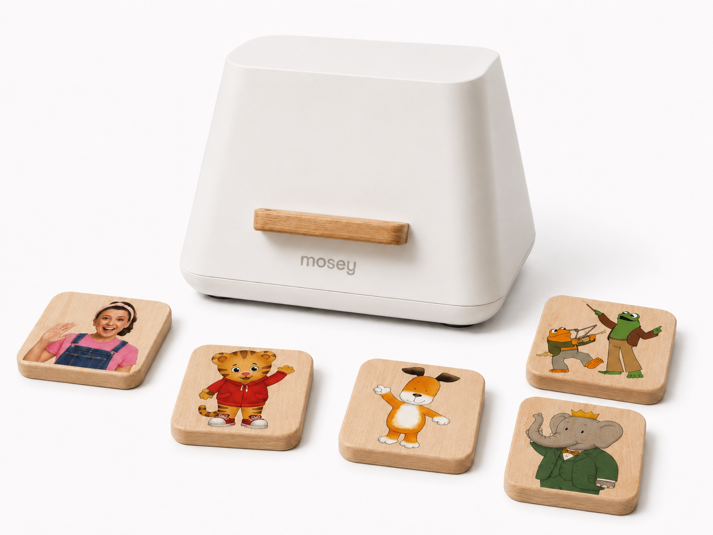 The Mosey console with five character tiles laid out in front — a girl, a tiger, a dog, two frogs, and an elephant