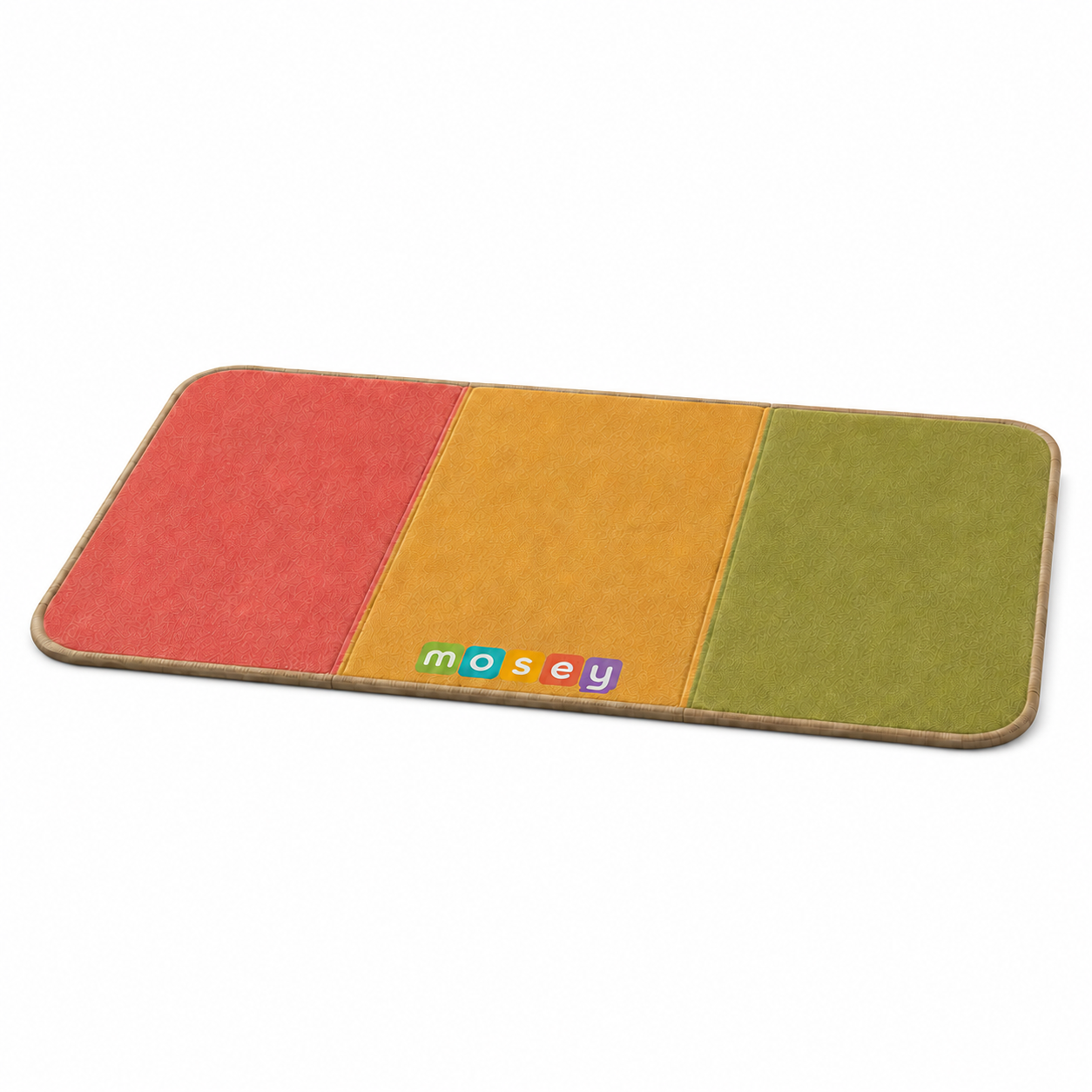 The Mosey Learning Mat, a foldable tri-panel play mat in red, yellow, and green with the mosey wordmark