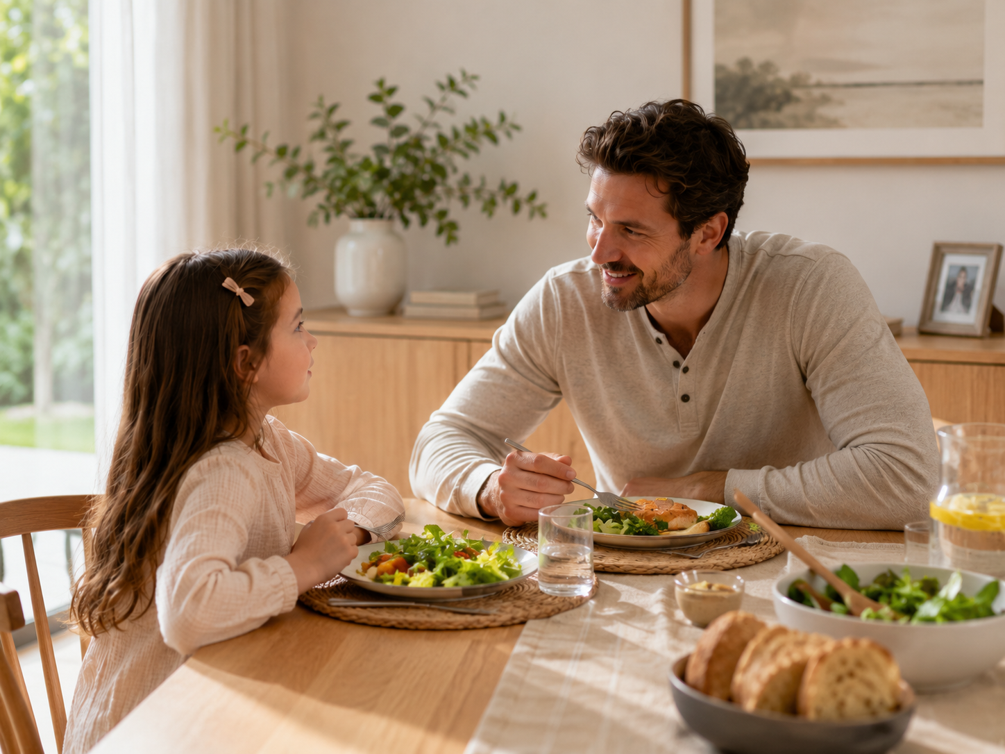 A dad and his young daughter talking and smiling over a meal at the dinner table