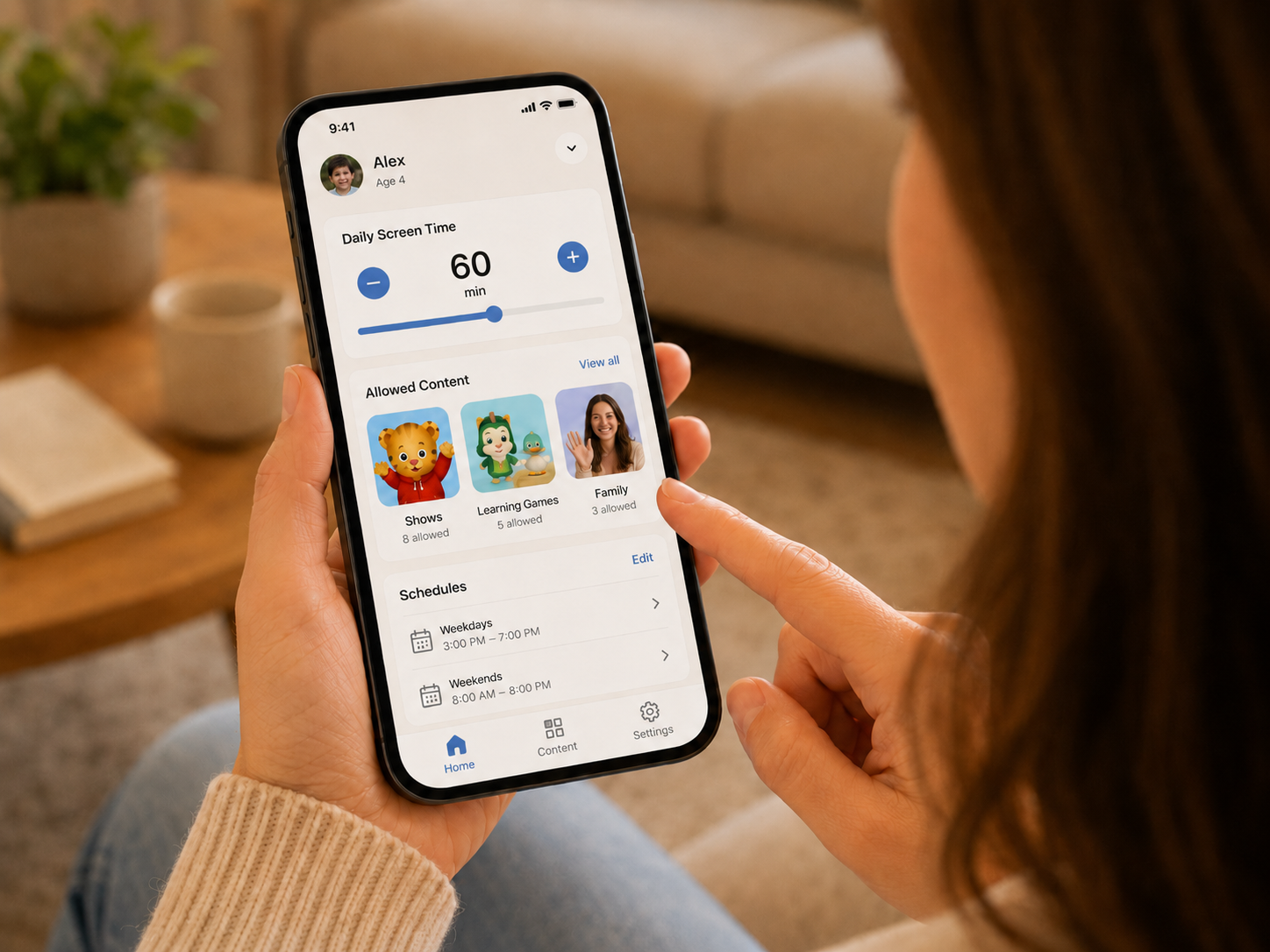 A parent setting screen-time limits and approving content in the Mosey app