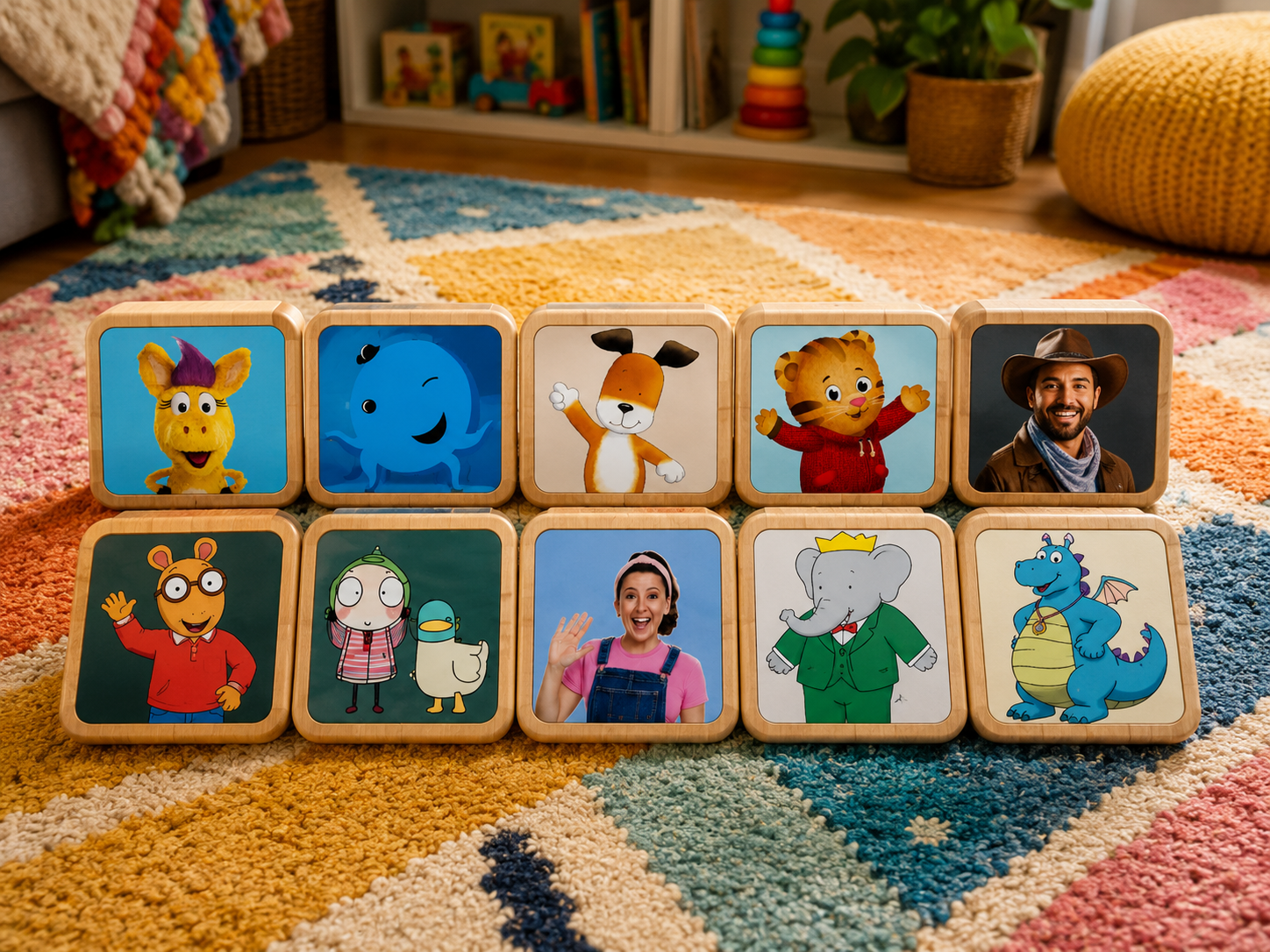 A set of Show Tiles, each printed with a different kids' show character